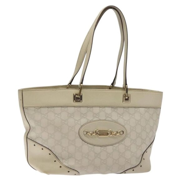 GUCCI GG Canvas Guccissima Tote Bag Leather White Gold 145993 Auth 129473 - Picture 1 of 16
